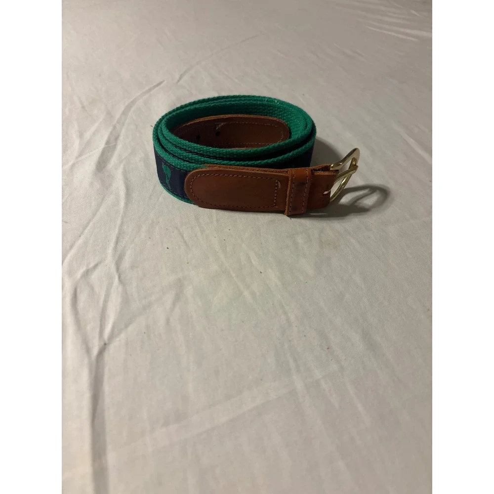 Preston Canvas Leather Belt‎ Mens 40 Green Navy Embroidered Golf Motif Good